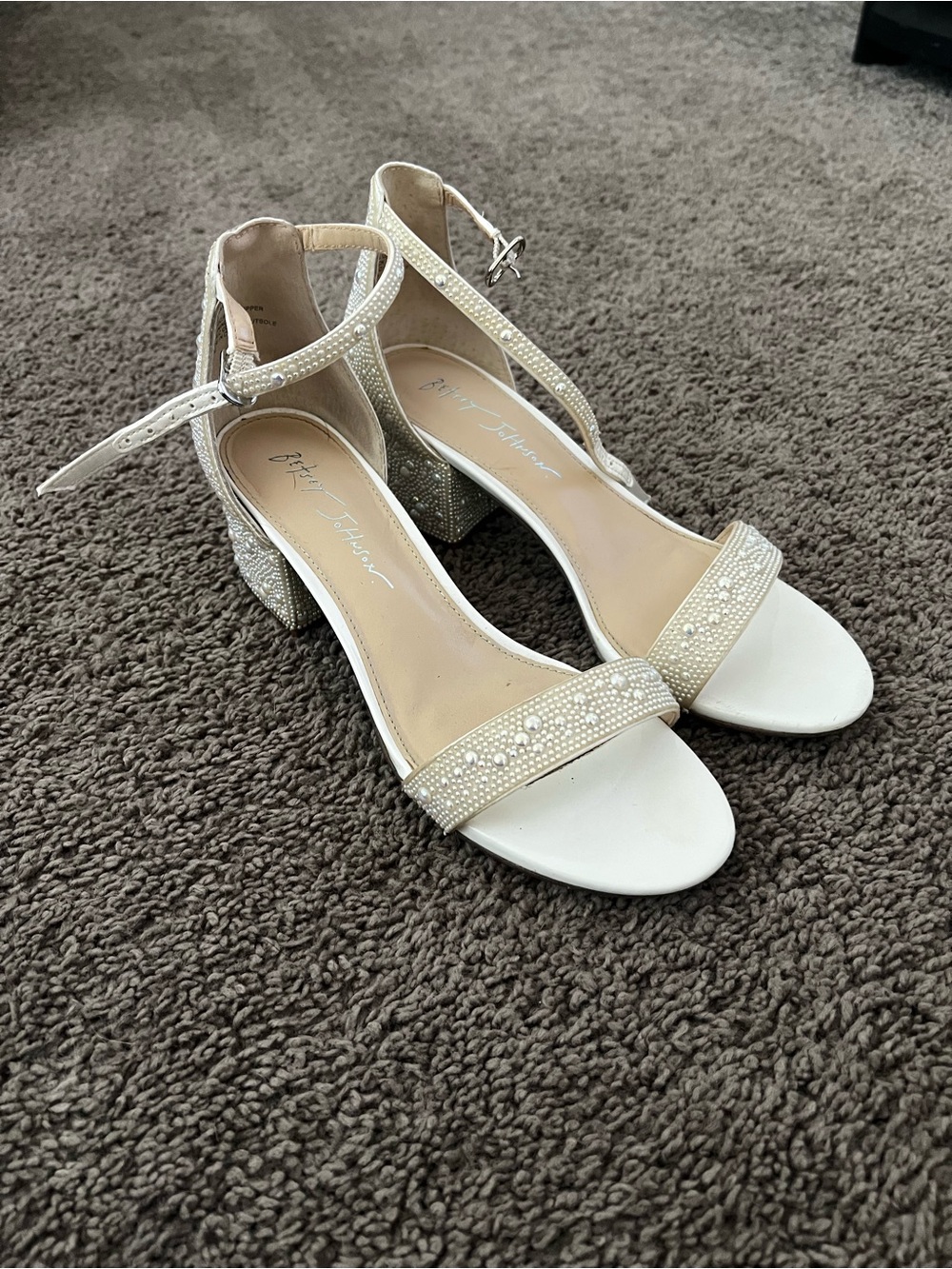 Betsey Johnson Ivory Pearl & Rhinestone Block Heel Sandals